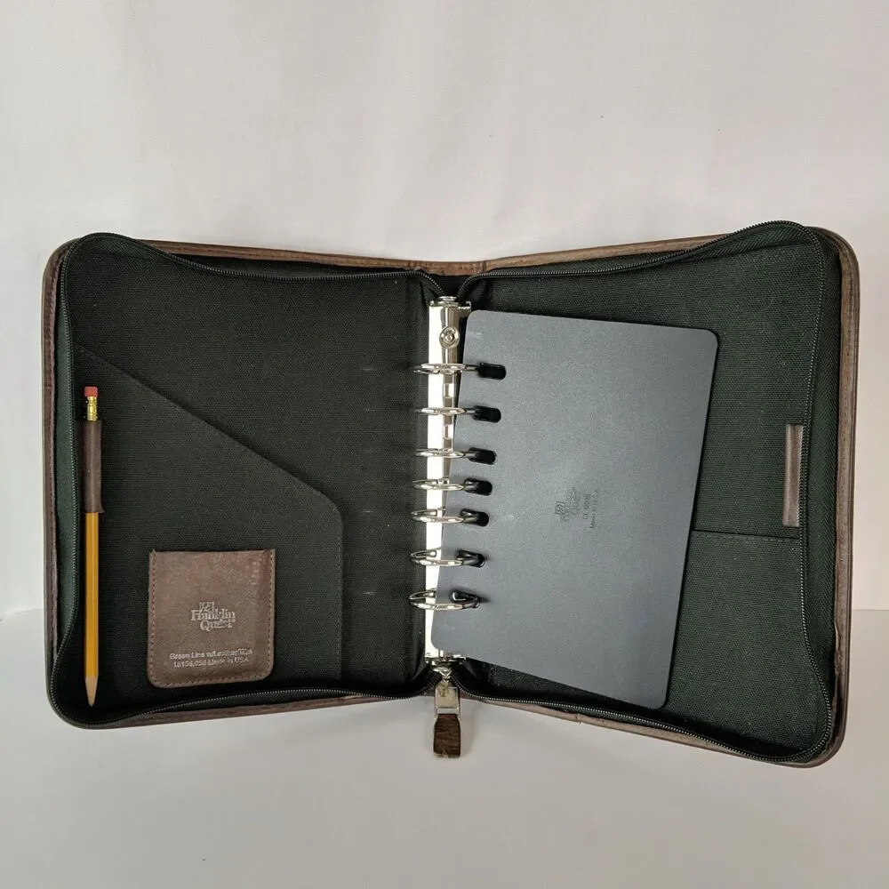 FRANKLIN QUEST Canvas & Leather 7 Ring Planner Binder Zip Organizer Made in USA